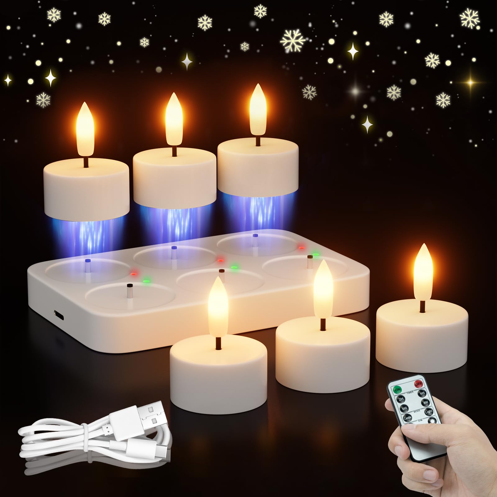 Rechargeable Flameless Tea Lights Candles With Charging Station 6Pcs Battery Tea Lights Candles With Remote & Timer Led Tealight